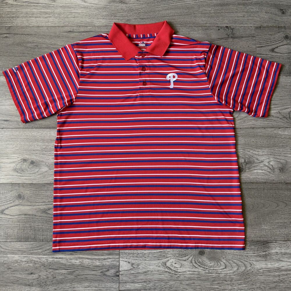 Majestic Cool Base Philadelphia Phillies Red & Blue Striped Polo Shirt Men’s XL